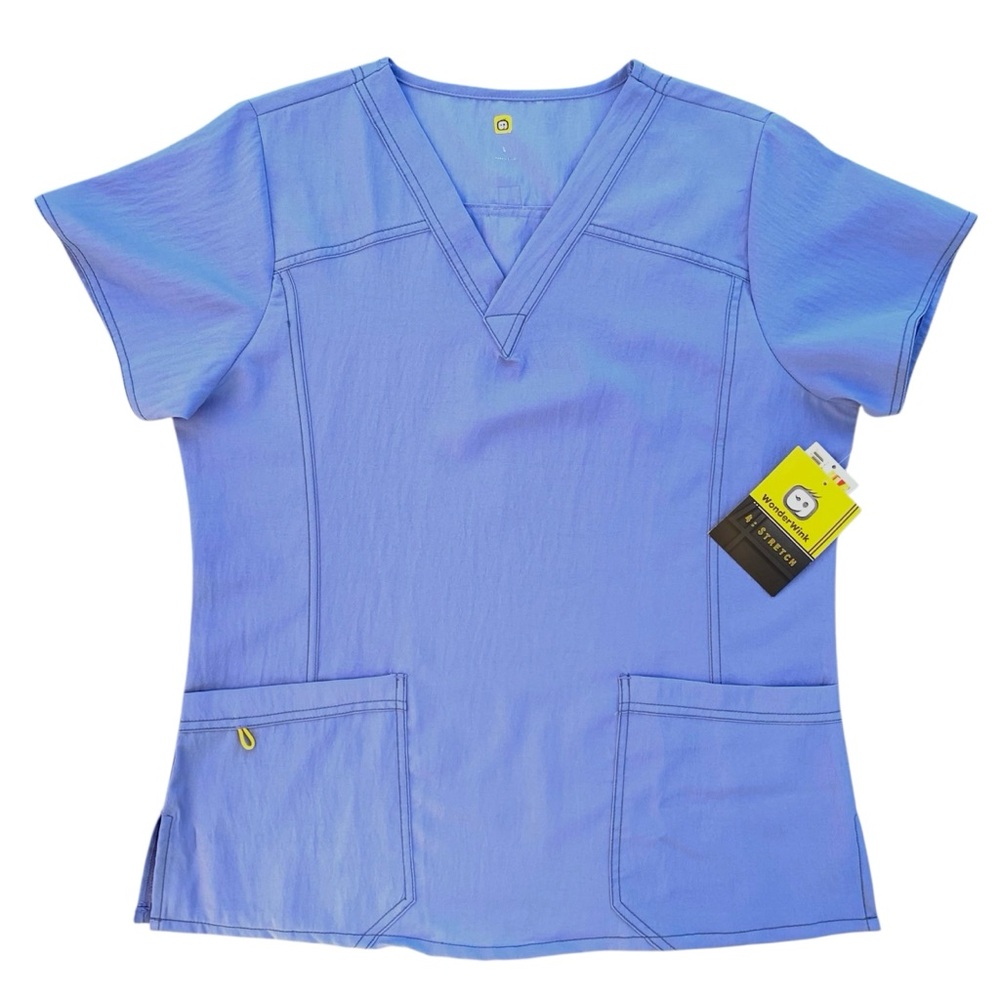 WonderWink Blue V-Neck Scrubs Top Medical Uniform ~ Women’s Large